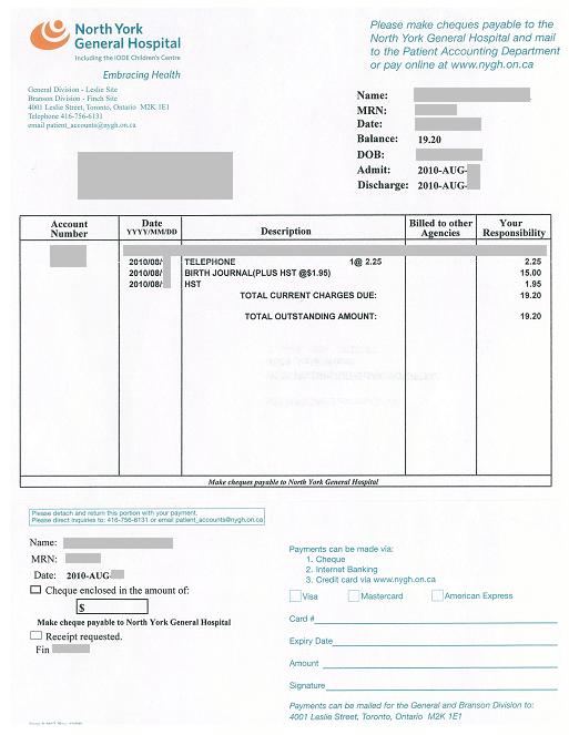 NYGH (North York General Hospital) Invoice - Hidden Charges