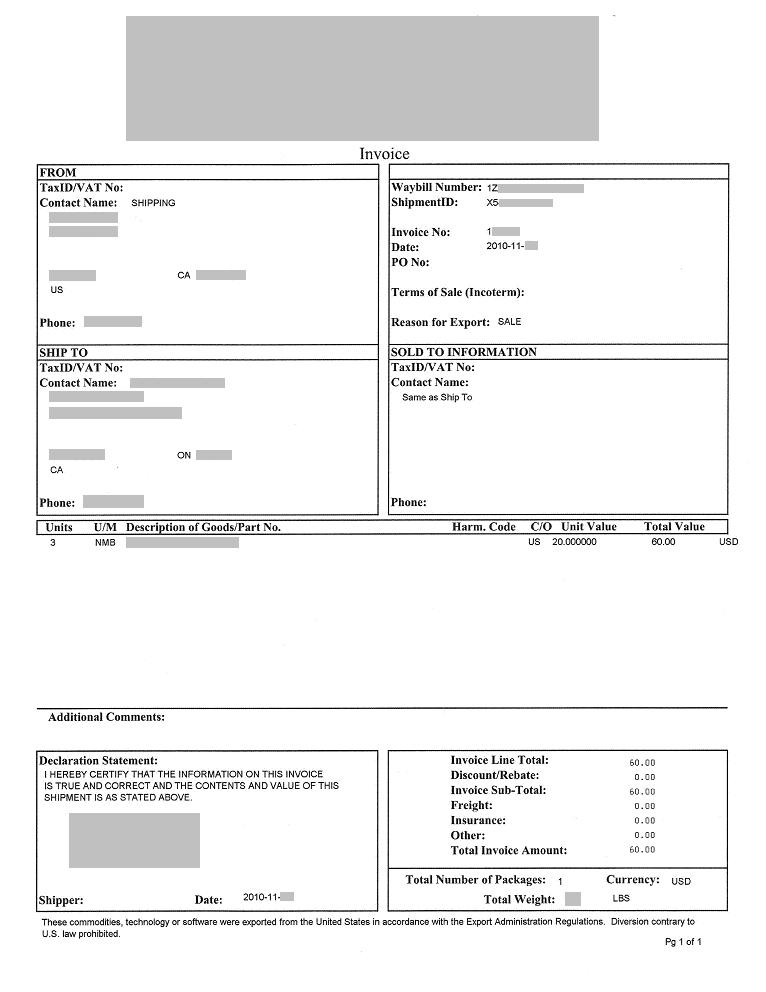 UPS Shipment/Commercial Invoice