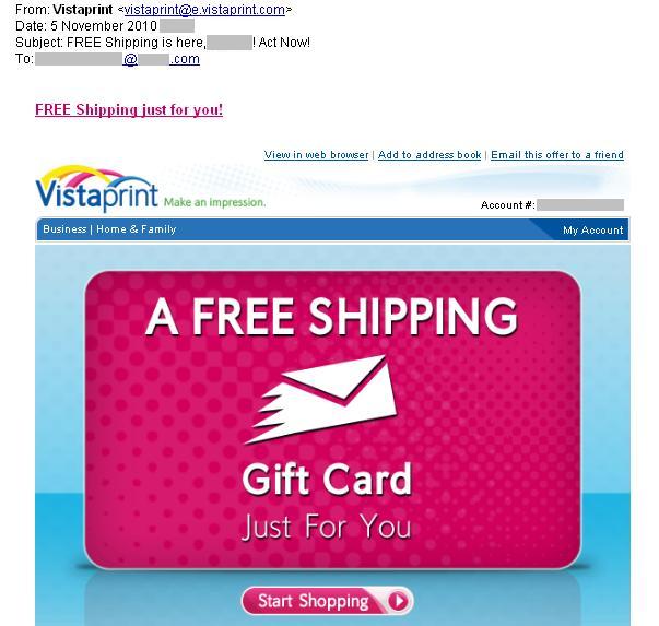 VistaPrint Free Shipping e-mail