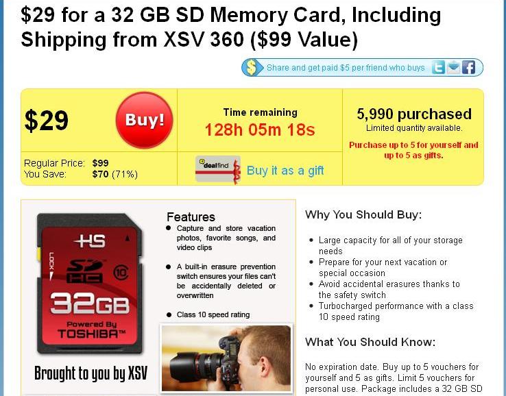 DealFind XSV 360 SDHC Toshiba Card Deal